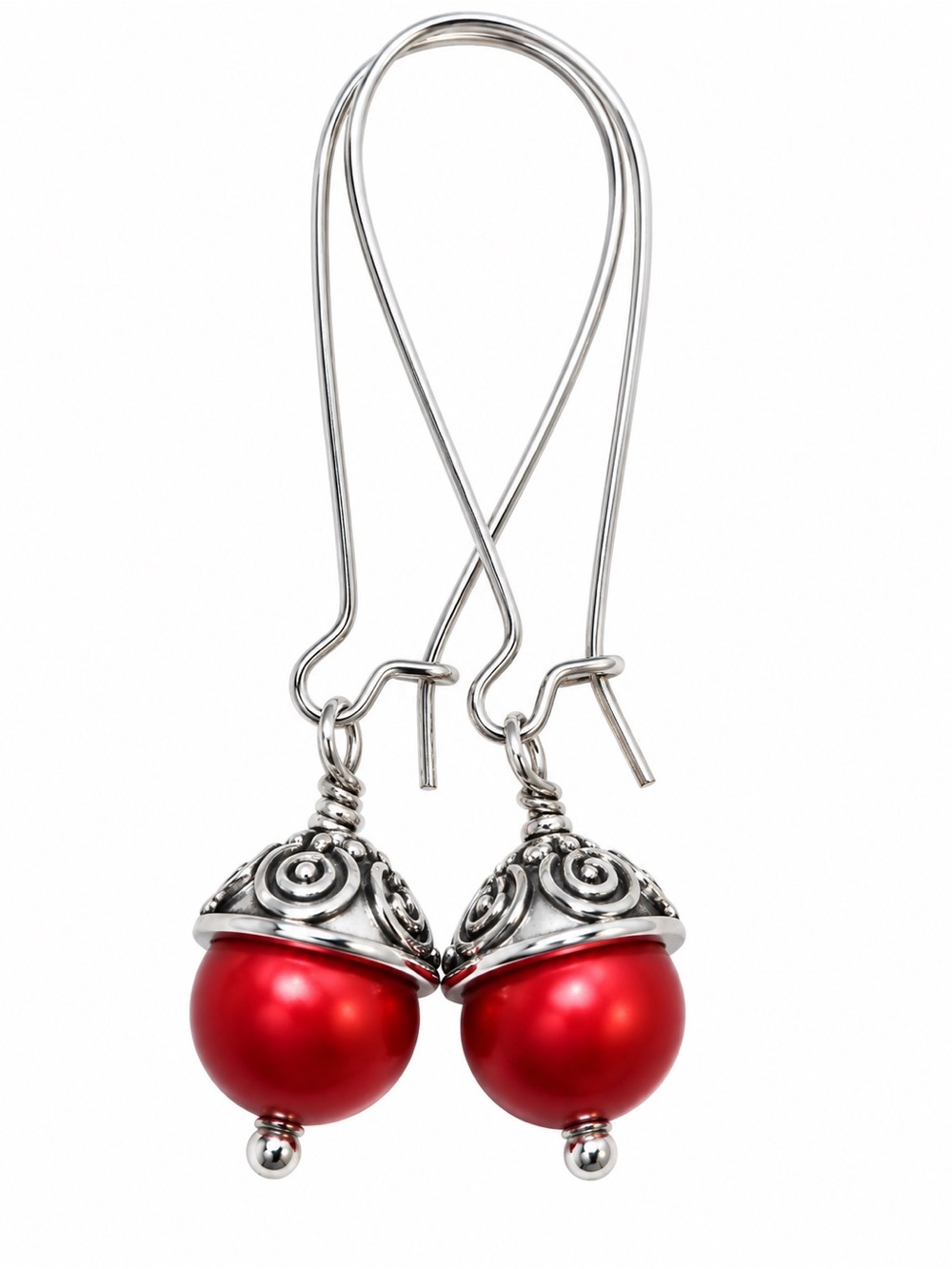 Handmade Silver Red Bead Drop Earrings